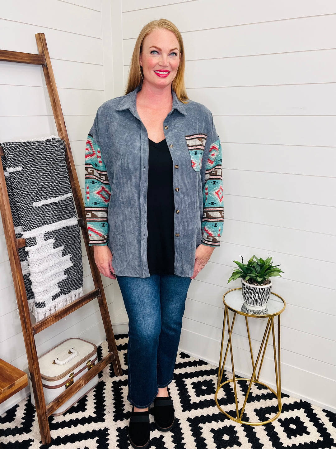 Outdoor Adventure Oversized Light Corduroy and Aztec Shacket