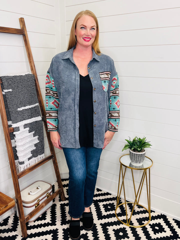 Outdoor Adventure Oversized Light Corduroy and Aztec Shacket