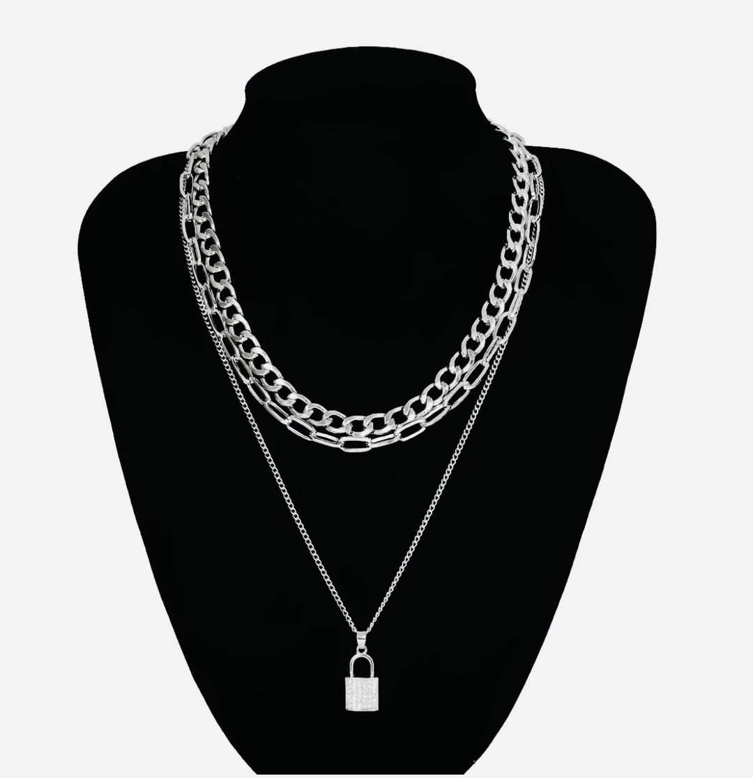 Rhinestone Lock Triple Chain Necklace