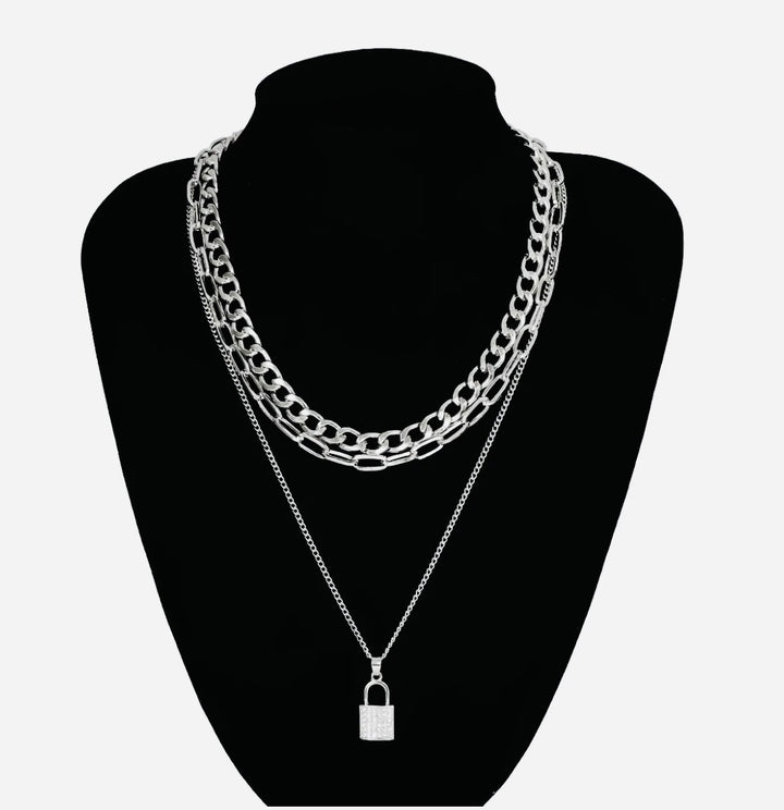 Rhinestone Lock Triple Chain Necklace