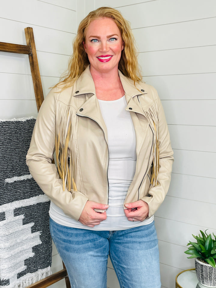 Taupe Faux Leather Fringe Jacket