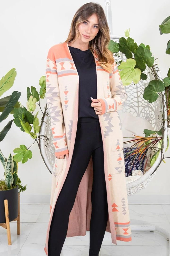 Coral Aztec Duster Cardigan