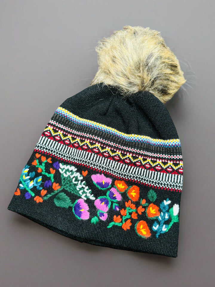 Embroidered Floral Faux Fur Pom Beanie
