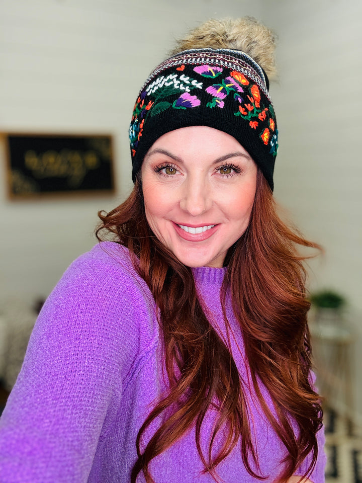 Embroidered Floral Faux Fur Pom Beanie