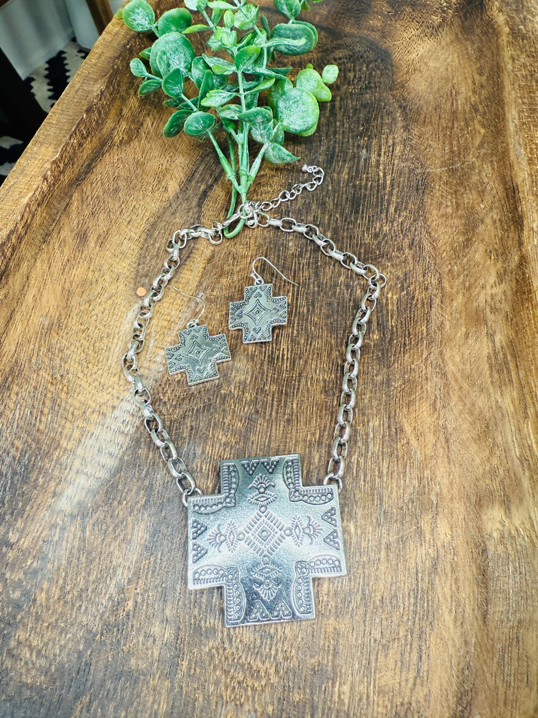 Etched Silver Cross Necklace and Earring Set