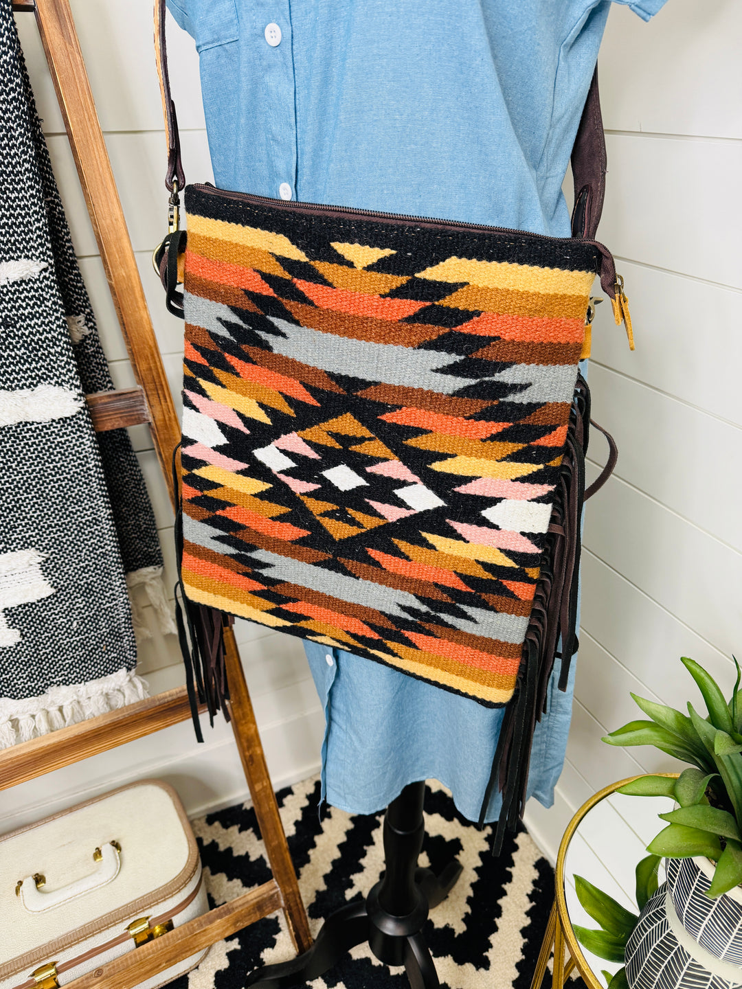 Annie Aztec Woven Fringe Leather Bag