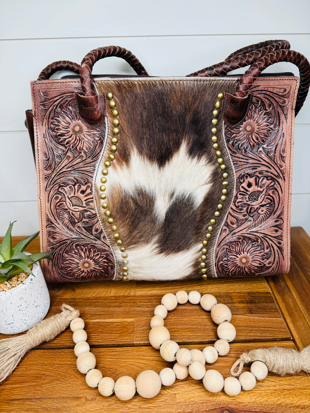 Tooled Cowhide Braided Leather Handle Laptop Purse