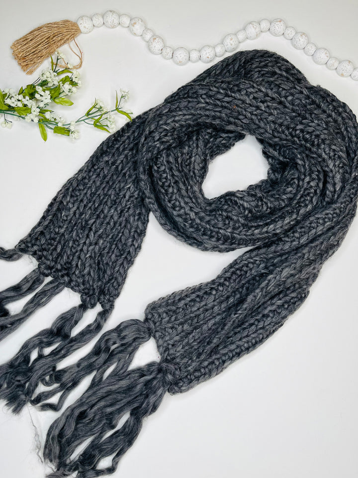 Charcoal Chunky Knit Fringe Scarf
