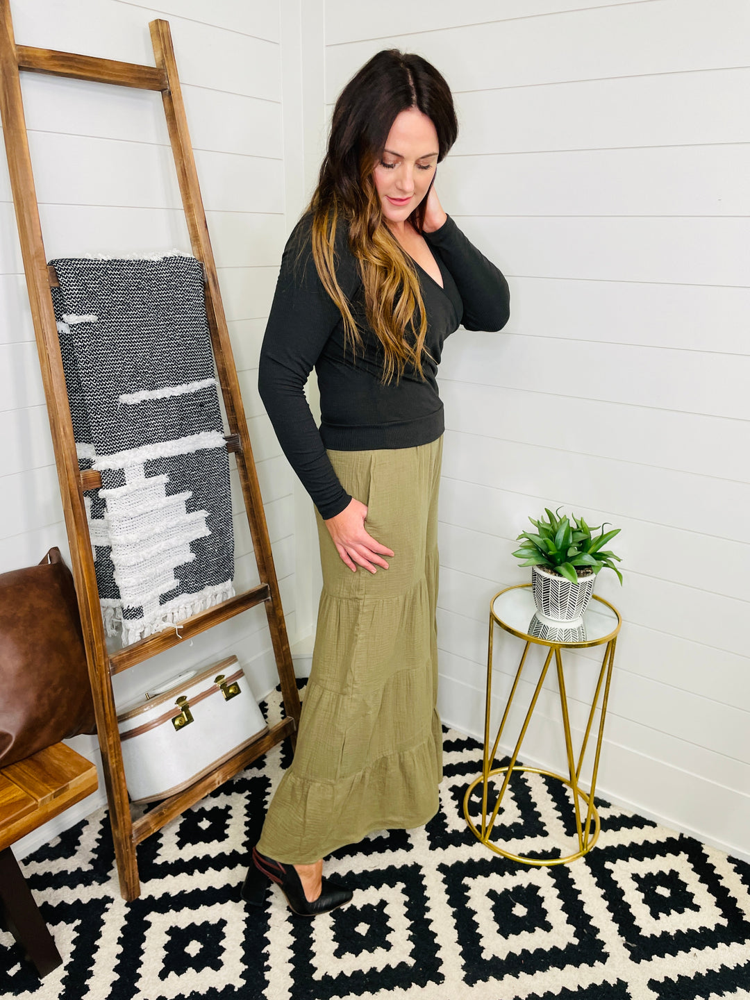 Olive Ruffle Tiered Wide Leg Pant