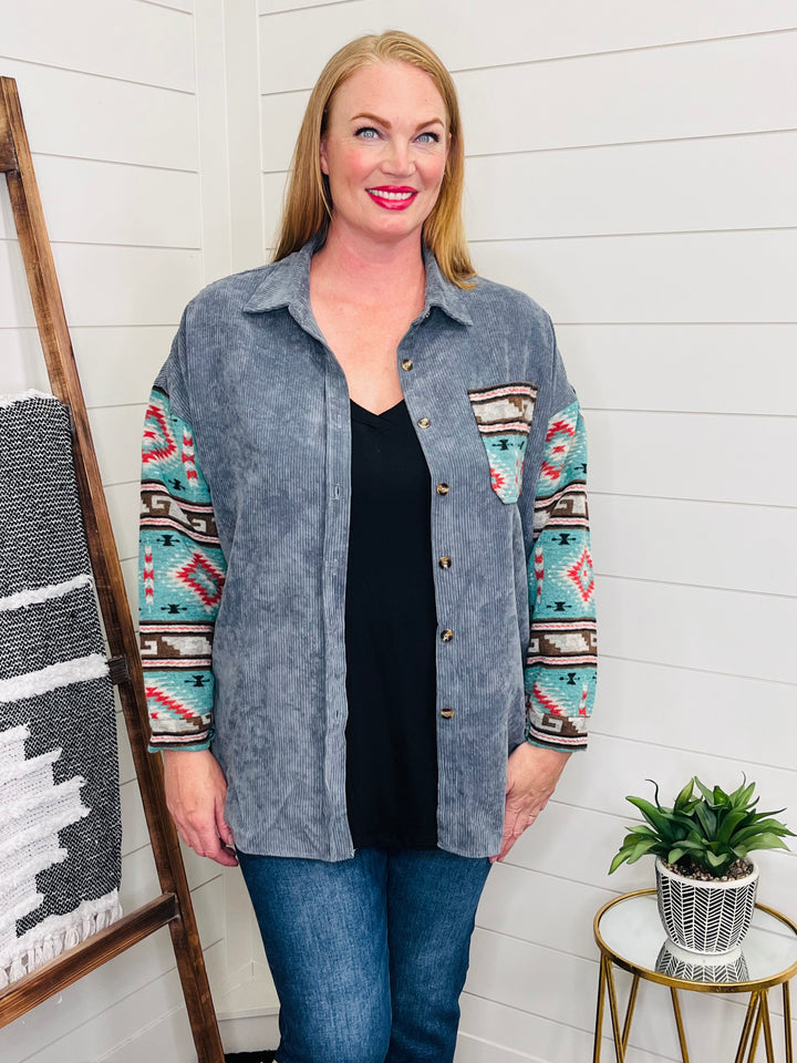 Outdoor Adventure Oversized Light Corduroy and Aztec Shacket