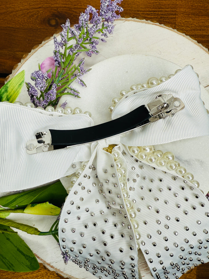 Pearl and Rhinestone Bow Hair Clip