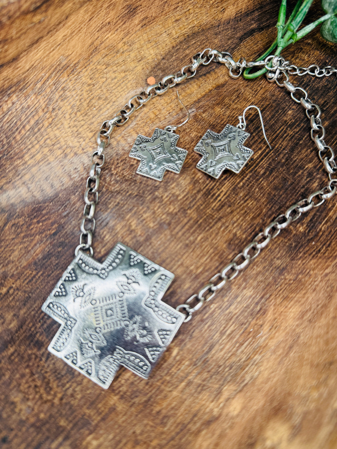 Etched Silver Cross Necklace and Earring Set