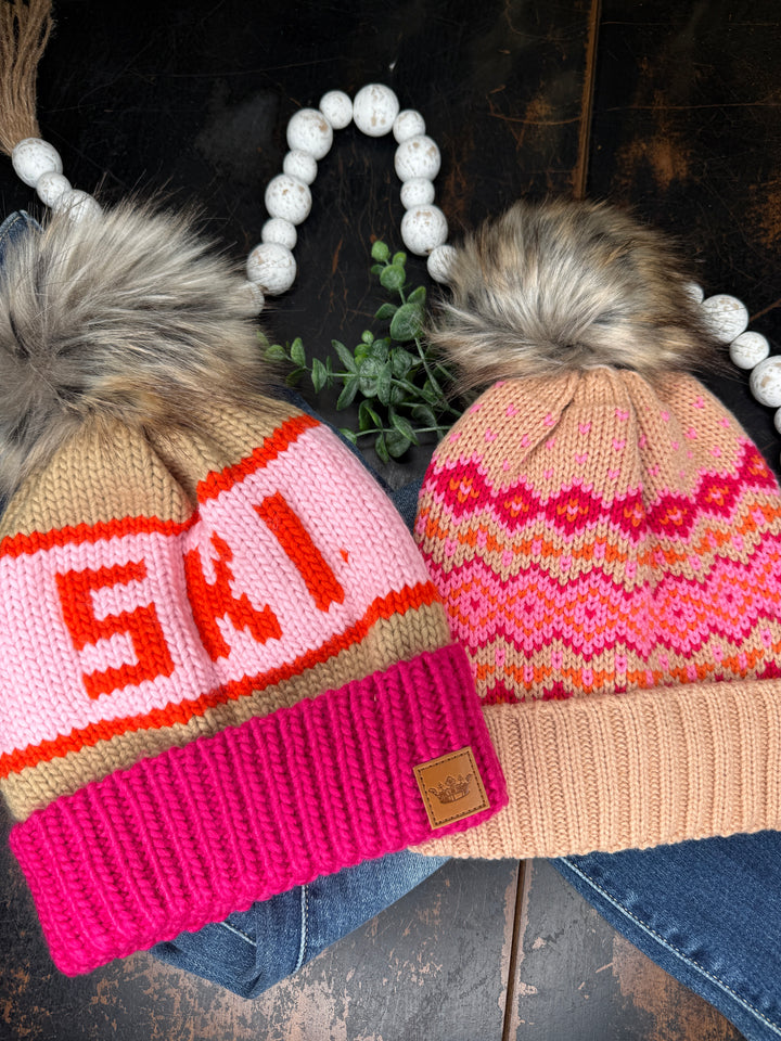 Pink Fleece Lined Faux Fur Pom Beanie : 2 Options