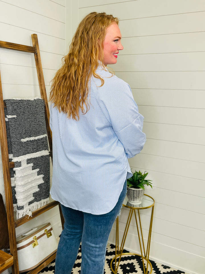 Restocked! All Business Striped Lantern Sleeve Collared Shirt