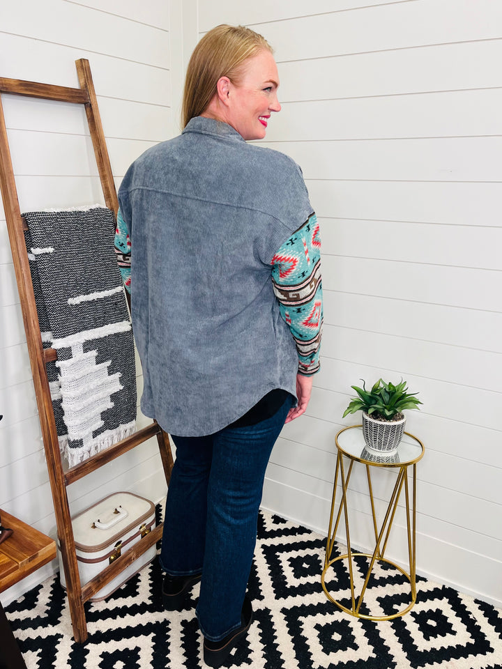 Outdoor Adventure Oversized Light Corduroy and Aztec Shacket