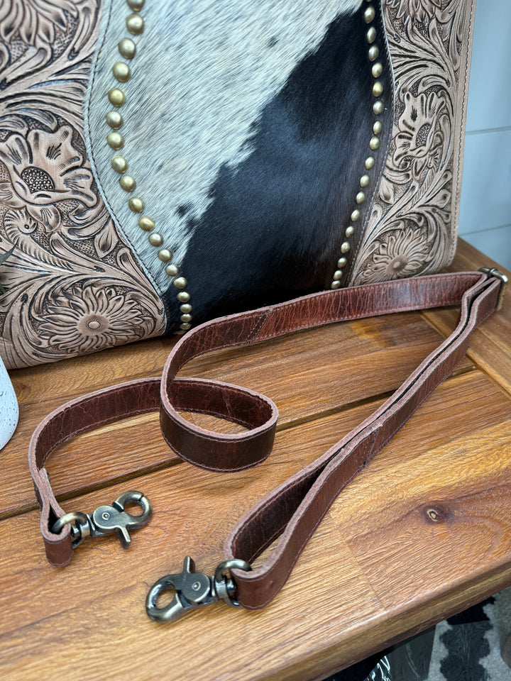 Tooled Cowhide Braided Leather Handle Laptop Purse