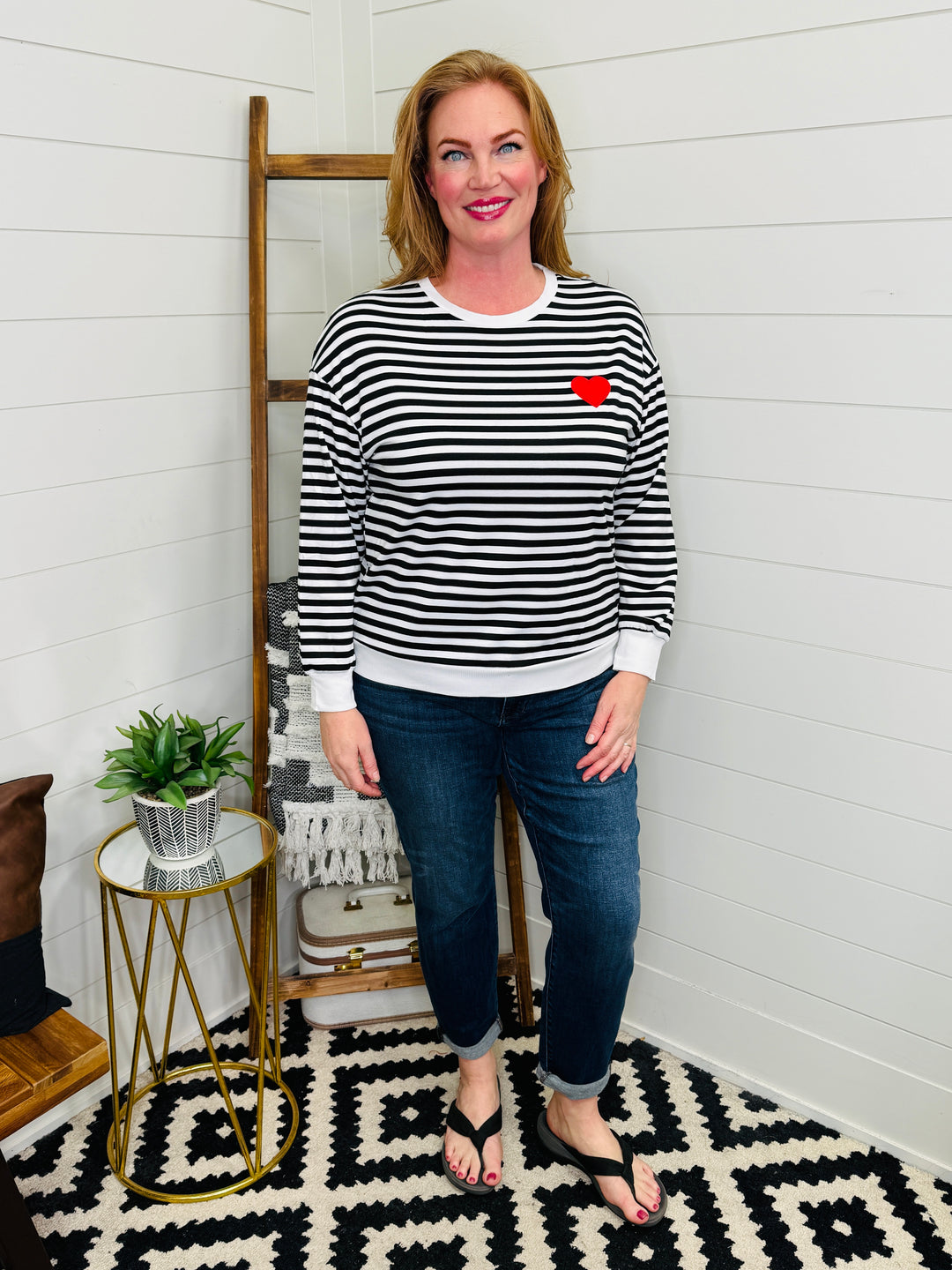 Heart Embroidered Stripe Crewneck