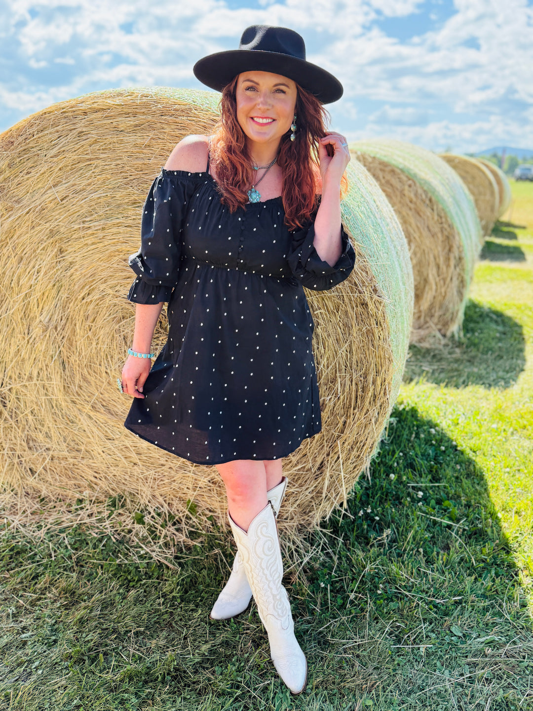 Dot Off The Shoulder Dress With Pockets