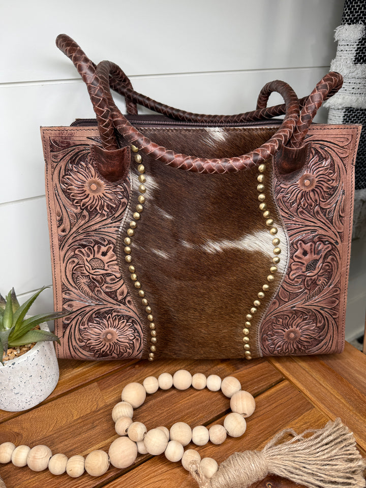 Tooled Cowhide Braided Leather Handle Laptop Purse