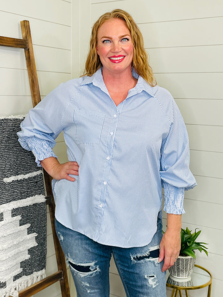 All Business Striped Lantern Sleeve Collared Shirt : 2 Colors