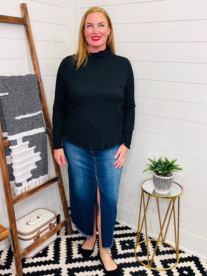 RISEN Lizzy Long Denim Front Slit Skirt