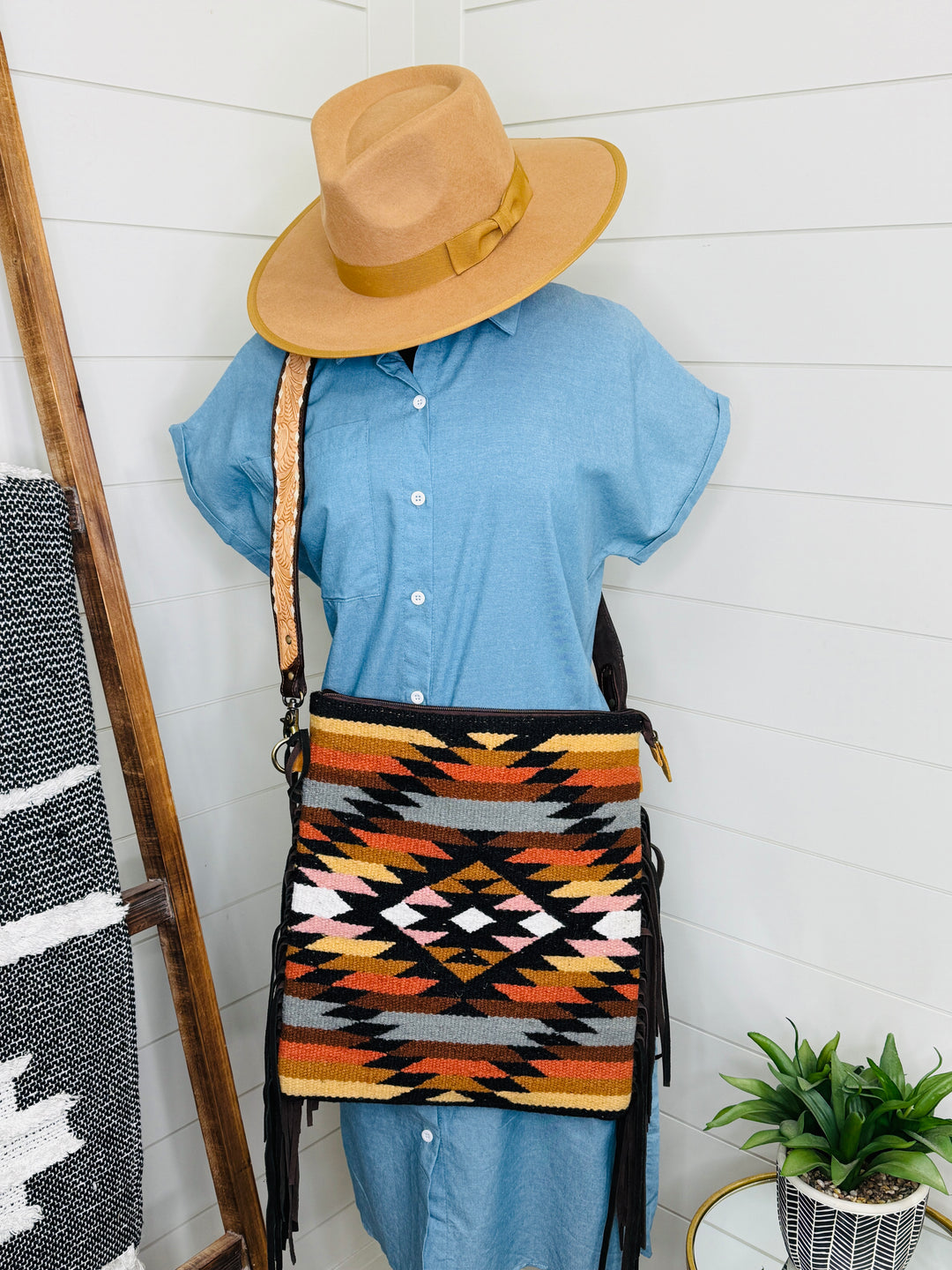 Annie Aztec Woven Fringe Leather Bag
