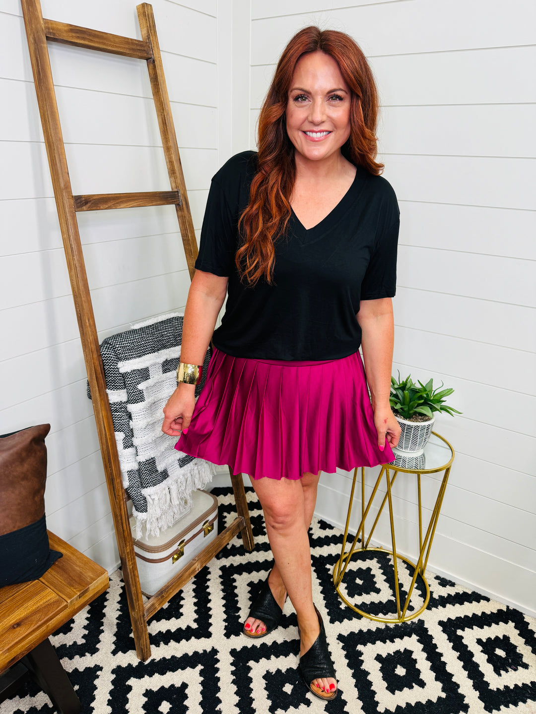 Wine Pleated Active Skirt with shorts