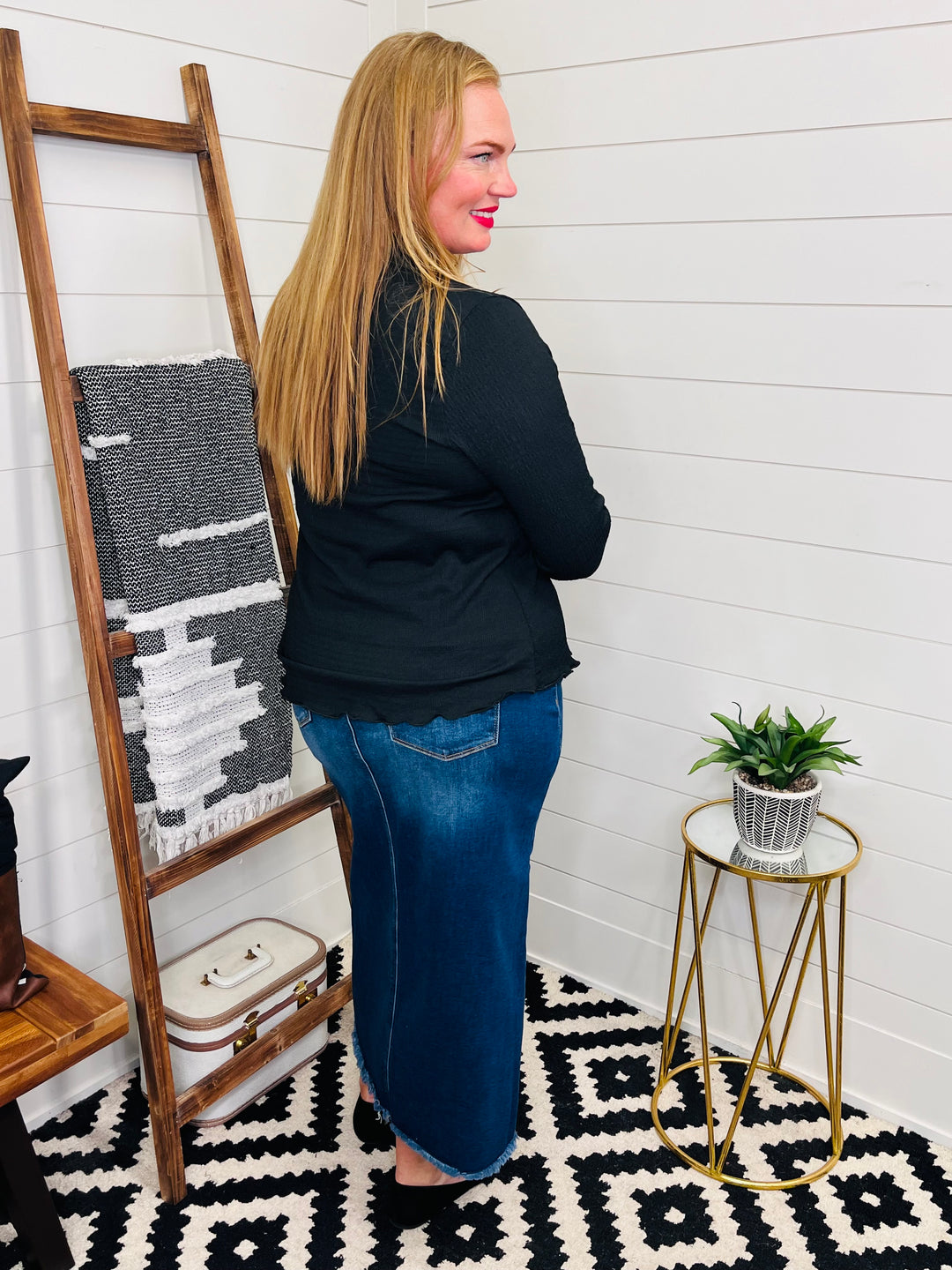 RISEN Lizzy Long Denim Front Slit Skirt