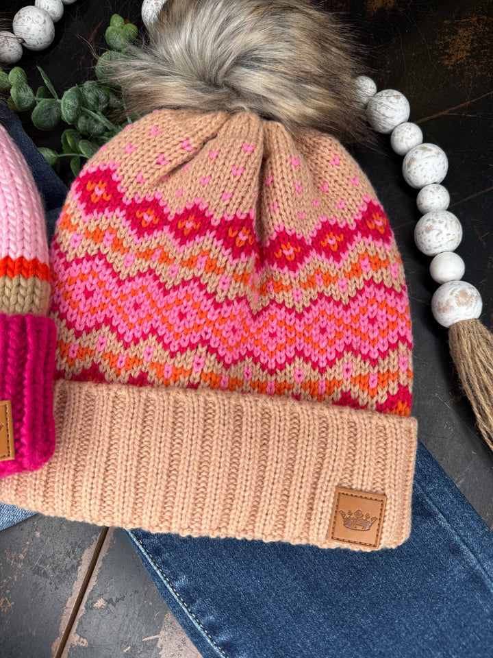 Pink Fleece Lined Faux Fur Pom Beanie : 2 Options