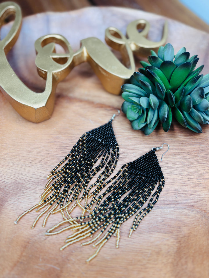 Black and Gold Long Beaded Fringe Earrings
