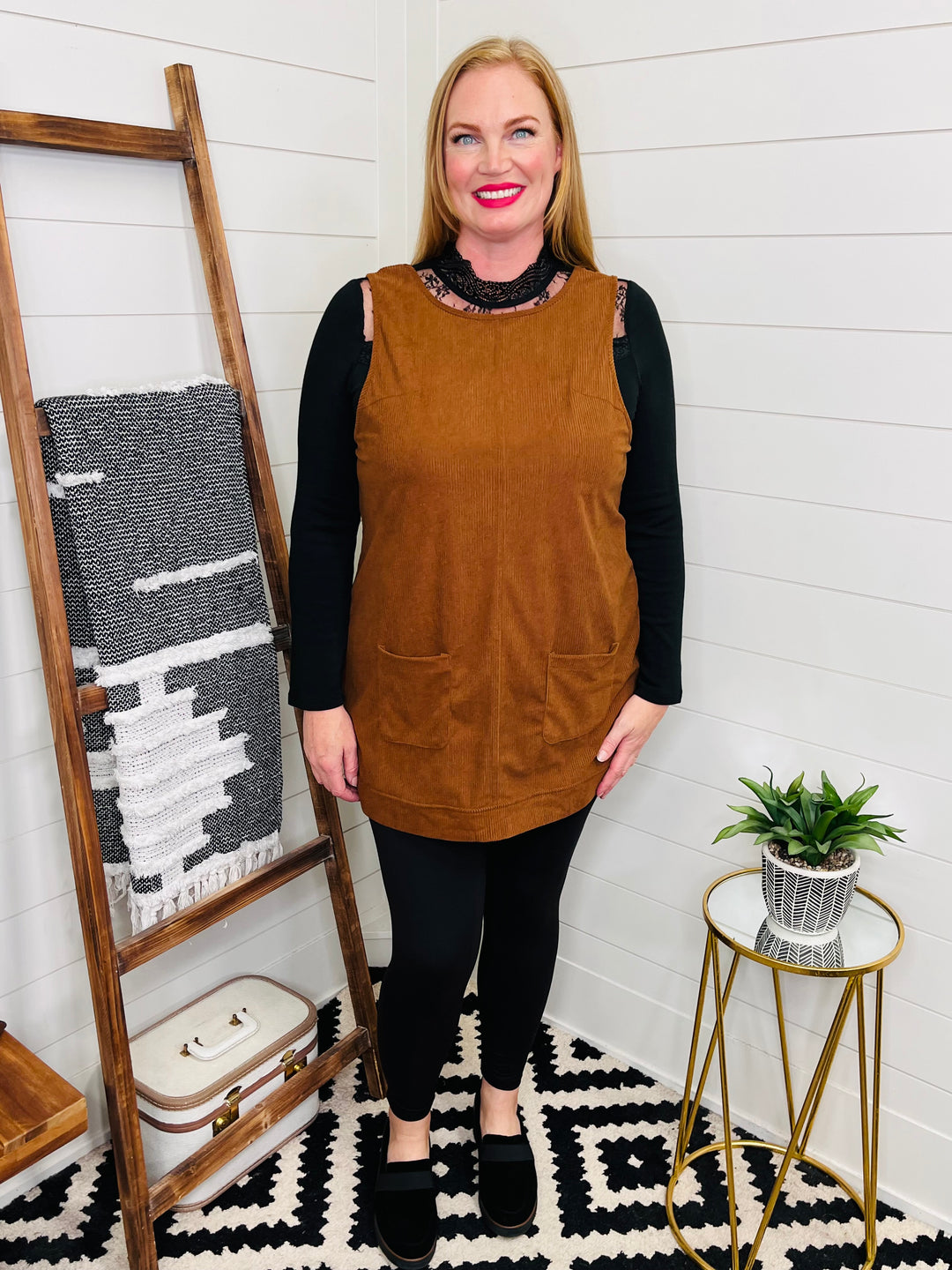 Corduroy Wide Strap Mini Dress with Pockets