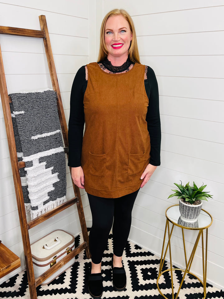 Corduroy Wide Strap Mini Dress with Pockets