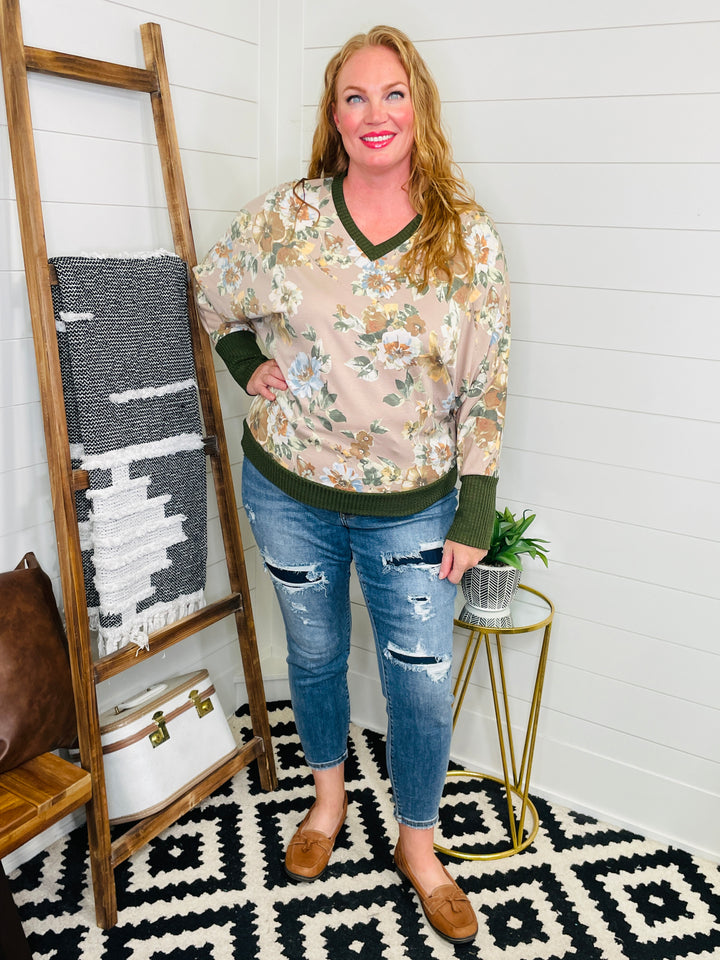 Forest Green Floral Dolman Top