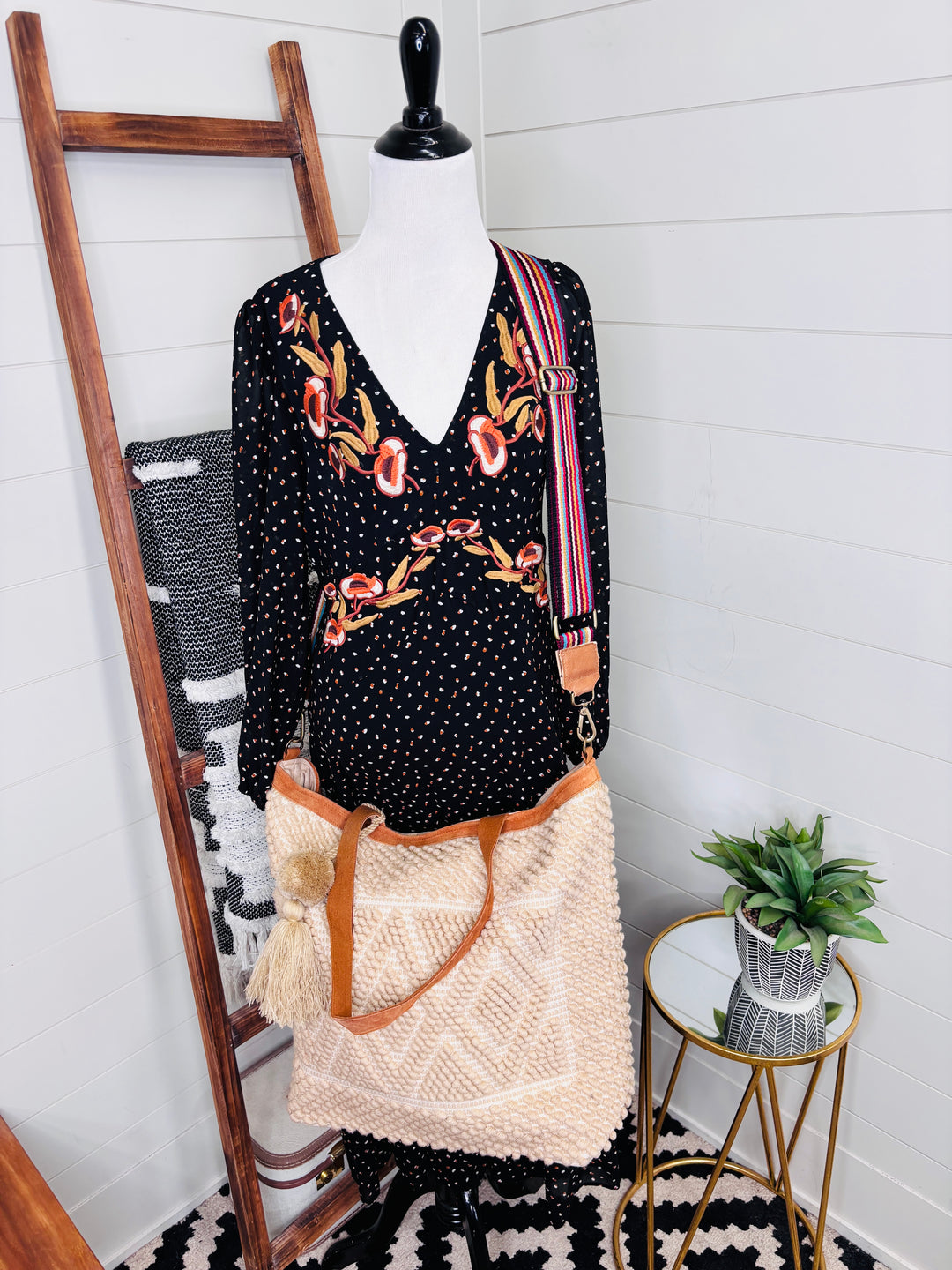 Large Boho Pom Tote Woven Shoulder Strap