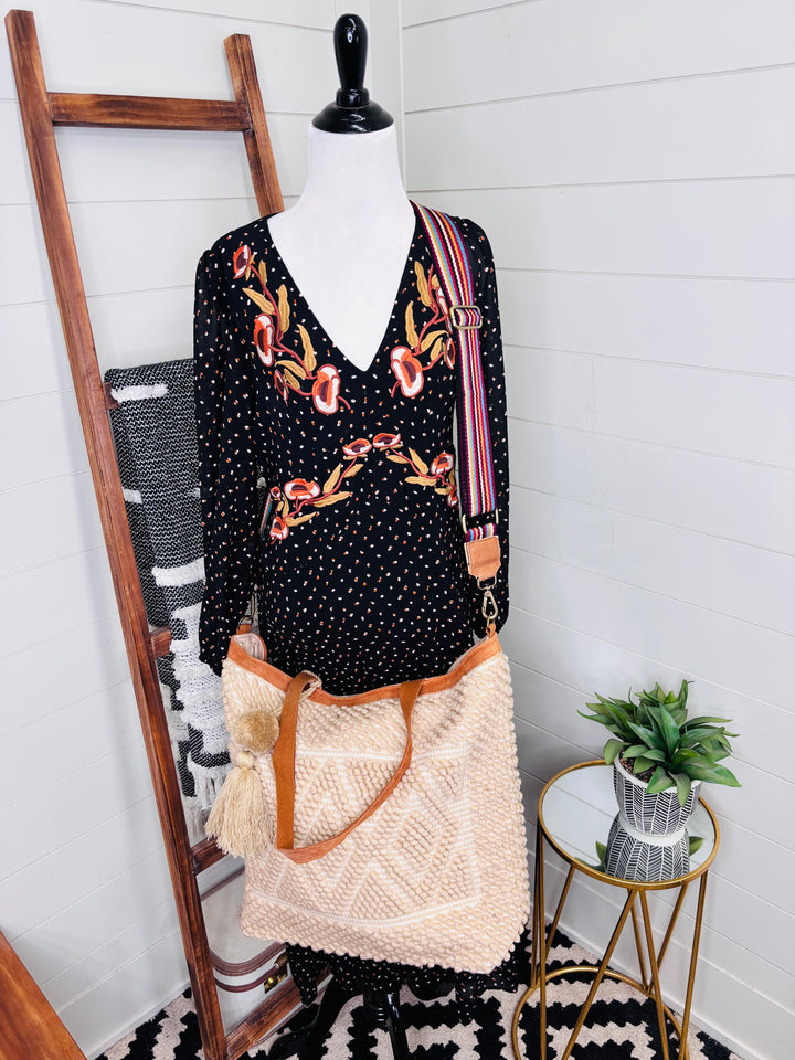 Large Boho Pom Tote Woven Shoulder Strap