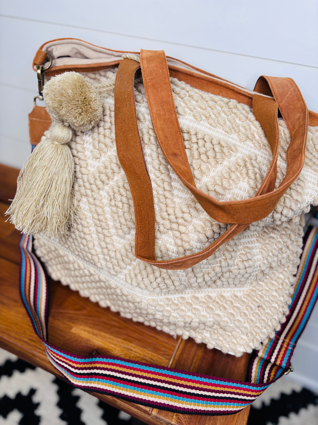 Large Boho Pom Tote Woven Shoulder Strap