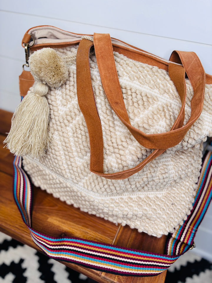 Large Boho Pom Tote Woven Shoulder Strap