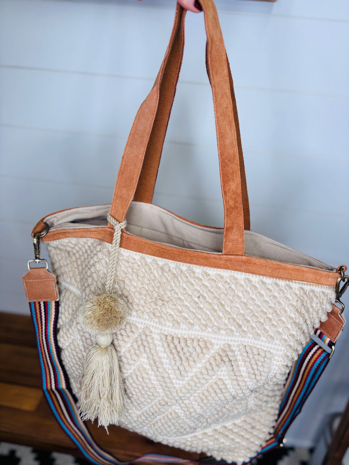 Large Boho Pom Tote Woven Shoulder Strap