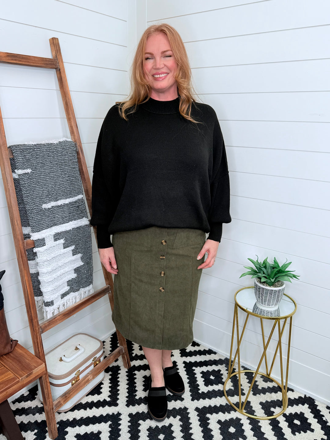 Green Corduroy Button Front Skirt