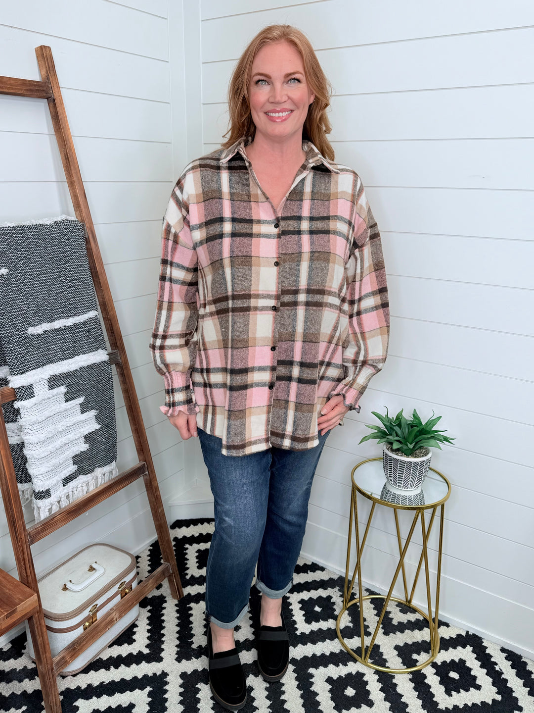 Plaid Lantern Sleeve Button Up