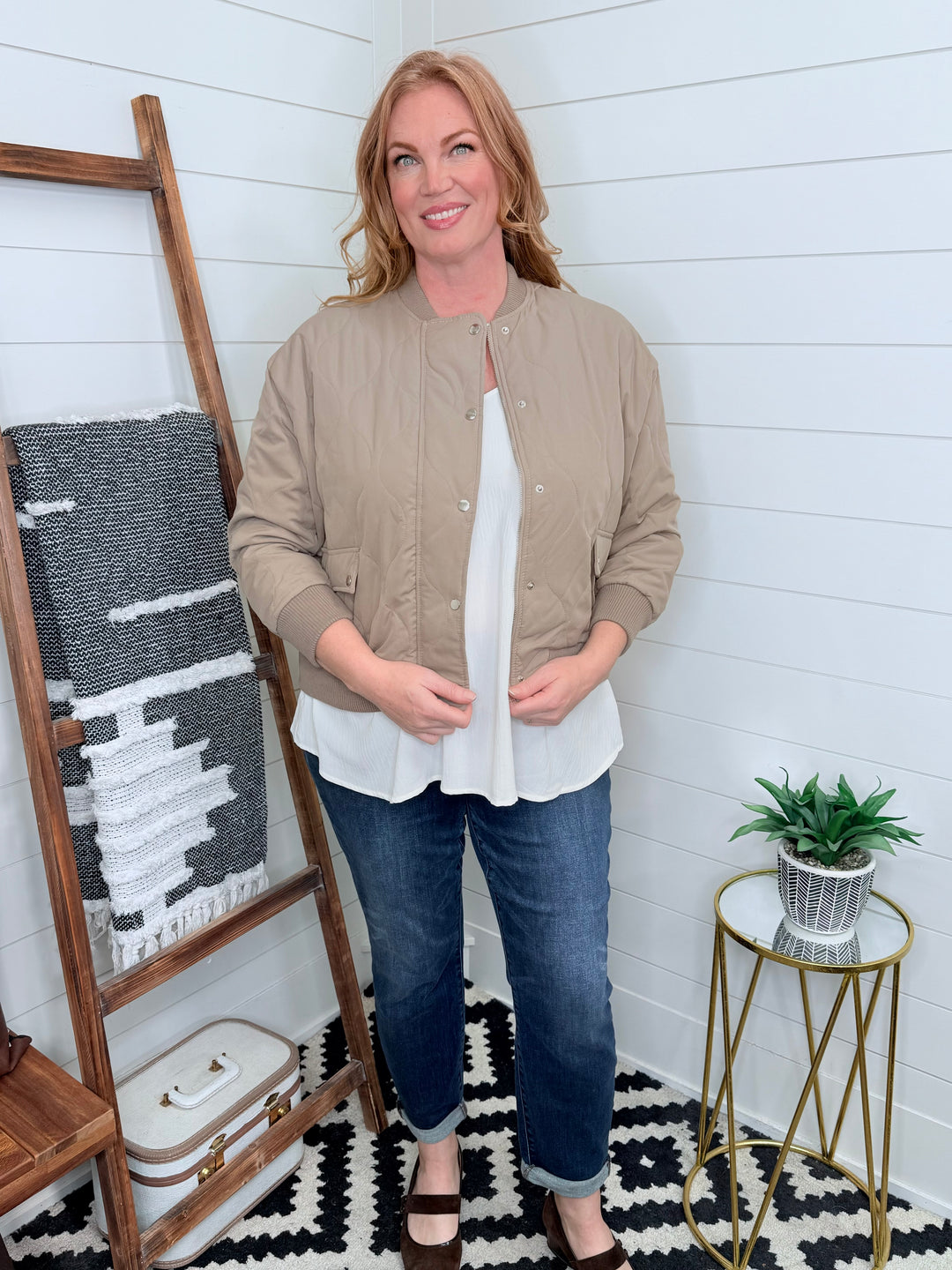 Quilted 3/4 Sleeve Bomber Jacket