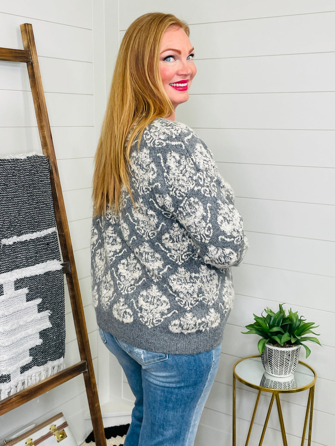 FINAL FEW! NEW COLOR Grey and Cream Damask Cardigan