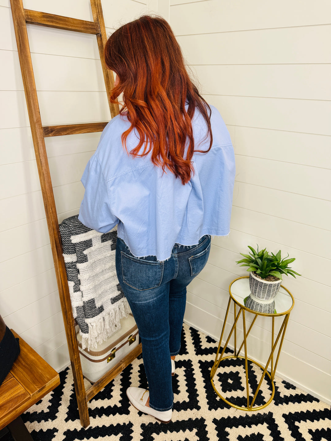 Cropped Frayed Edge Button Up