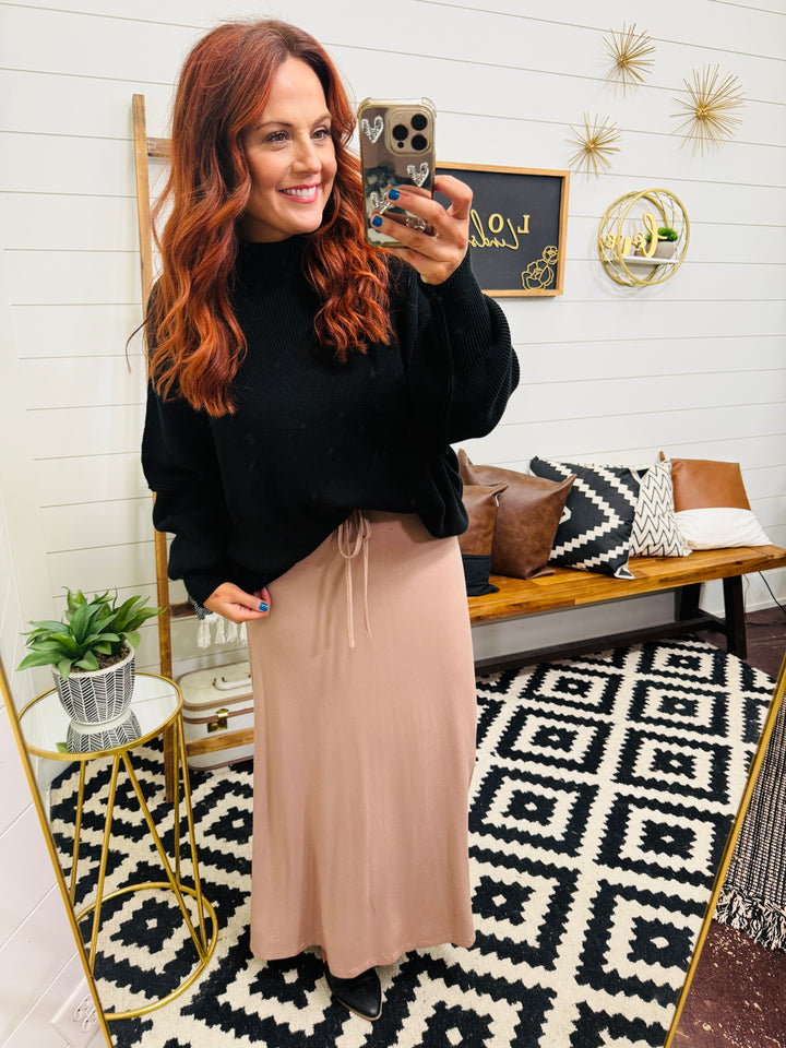 Mocha Drawstring Waist Maxi Skirt
