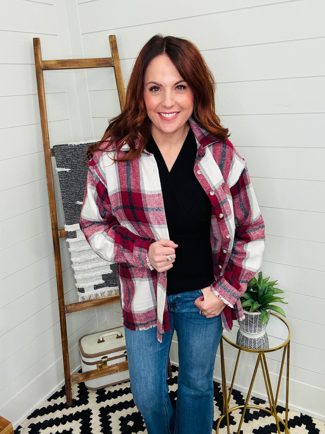 Raw Edge Red Plaid Shacket