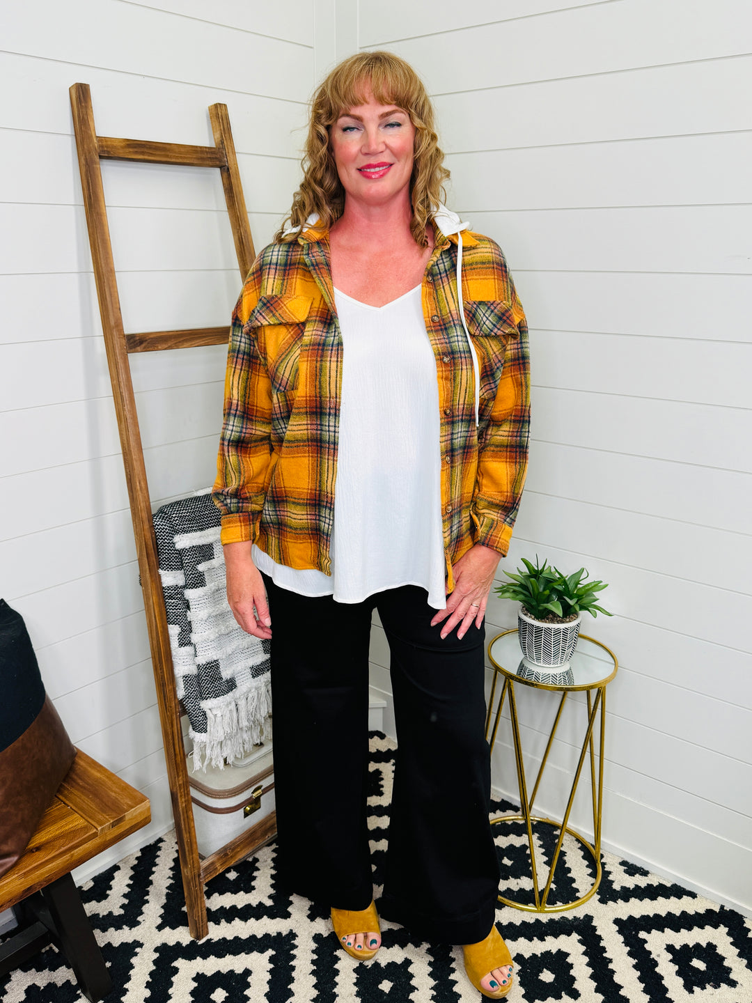 Drawstring Plaid Hooded Shacket