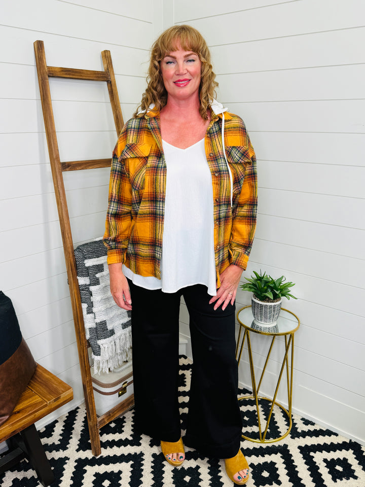 Drawstring Plaid Hooded Shacket