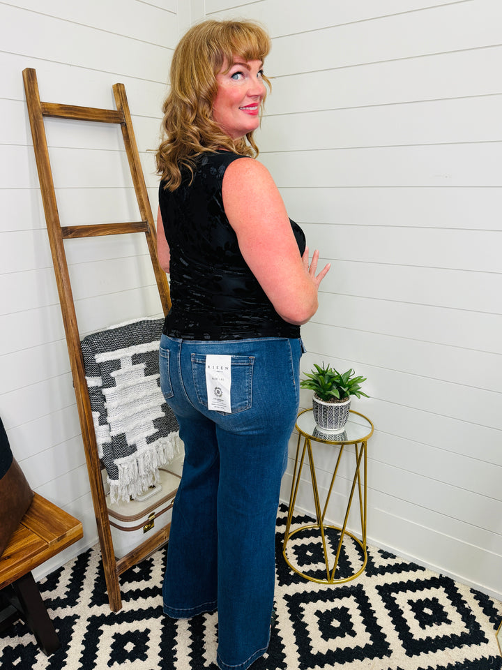 Ruched Tank with Velvet Floral Details : 2 Colors