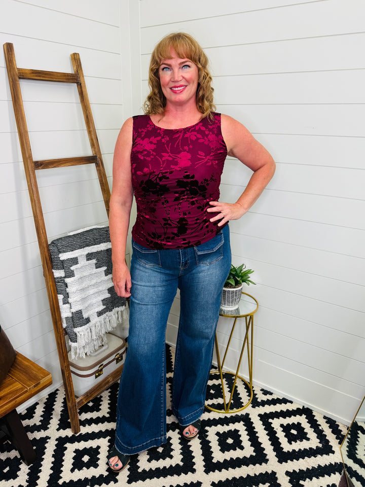 Ruched Tank with Velvet Floral Details : 2 Colors