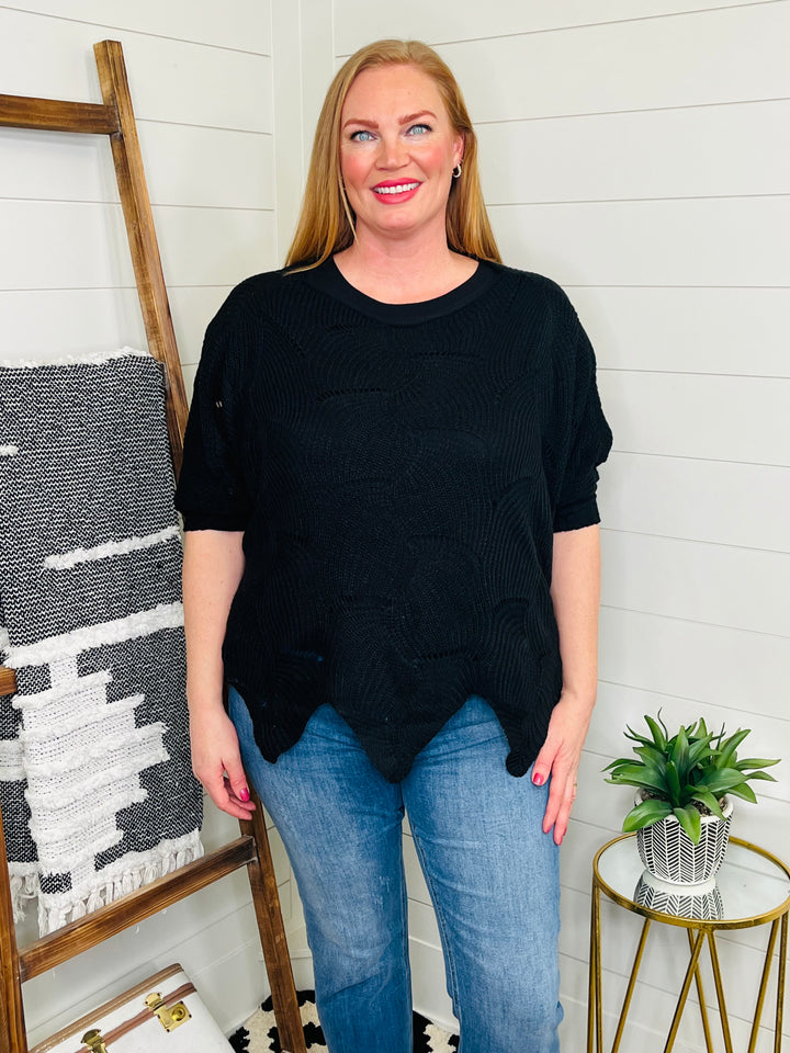 New Color! Love Lindsey Timeless Black Scallop Knit Sweater
